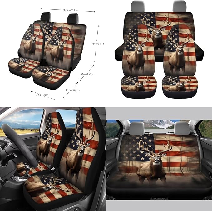 American Flag Deer Printed Car Interior Cover Sets, Car Front Rear Seat Cover with Steering Wheel Protector Coaster Trash Can Air Vent Storage Bag, Universal Fits Auto Interior Accessories