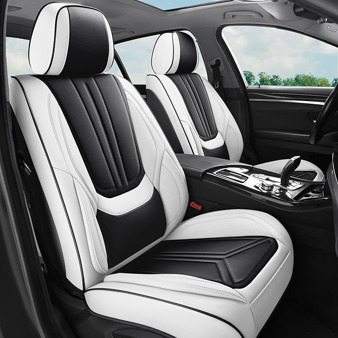 SCDOOCA Car Seat Covers Full Set White Black, Luxury Leather Car Seat Covers, Waterproof and Breathable Seat Covers, Universal Car Seat Protector Fit for Cars, Trucks, SUVs, Pick-ups (Full Set)