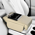 2026 Enhanced Car Center Console Armrest Cushion with USB& Type-C Charging, PU Leather Console Pad with Cup Holders, Storage& Tissue Outlet for Most Vehicles (Flat Version, Light Beige)
