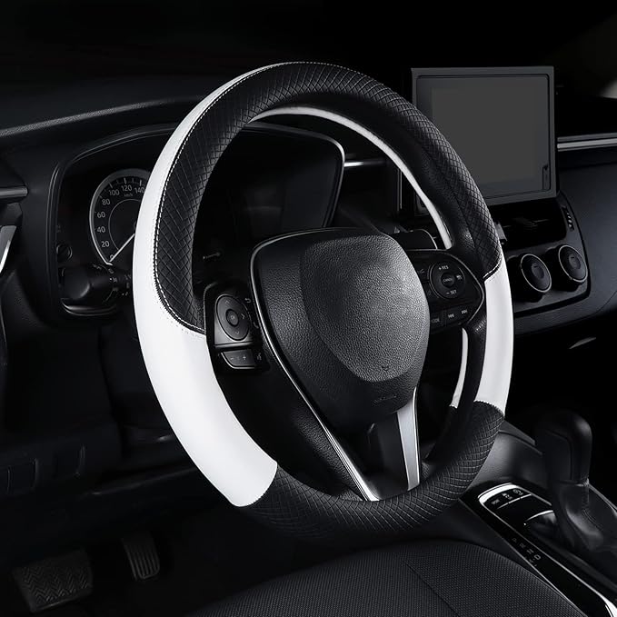 Auto Car Genuine Leather Steering Wheel Cover Anti Slip Wrap 15" (White)