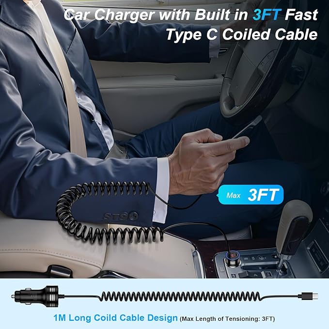 78W 3-Port Samsung Car Charger USB C Fast Charge for Samsung Galaxy S26 Ultra S26 Plus S25 FE S25 Edge S24 A17 A56 A36 A26 A16 A55 A35 A25 A15,Rapid Car Charger Adapter+Coild Type C Fast Charging Cord