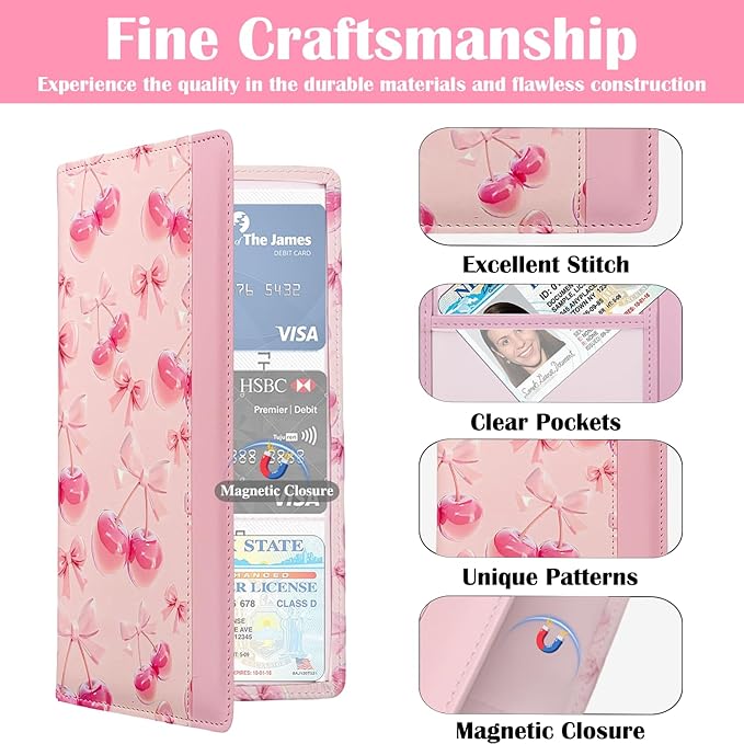 FinestHouse Car Registration and Insurance Holder with Magnetic Closure, Universal Document Organizer for License, Insurance Cards & Glove Box Storage (Cherry-Pink)