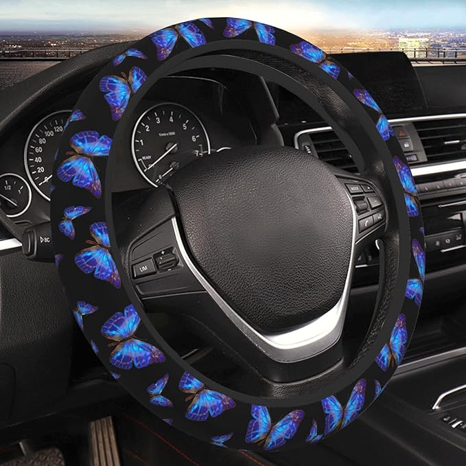 Blue Butterfly Neoprene Steering Wheel Cover Anti-Slip Elastic Steering Wheel Protector 15in Universal Car Accessories Fit Cars, SUVs, Auto