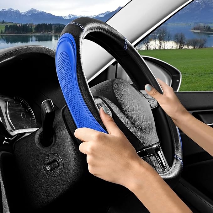 Blue Film Splicing Leather Steering Wheel Cover, Microfiber Leather, Anti-Slip, Breathable, Universal Fit for 14.5–15 in Steering Wheel Cover for Men Women