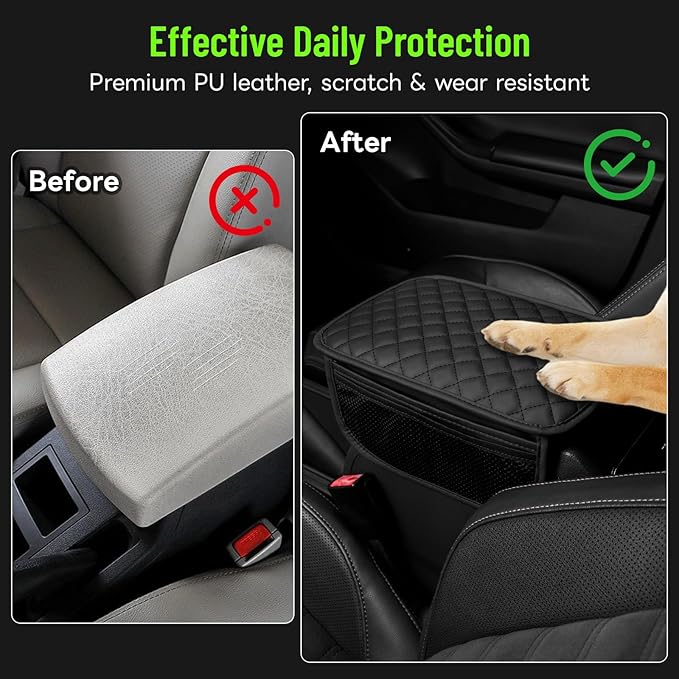 ADDSOM Car Center Console Cover with 6 Storage Pockets, Leather Car Arm Rest Cover Thickened Cushion, Universal Vehicle Armrest Pad Interior Protector, Black