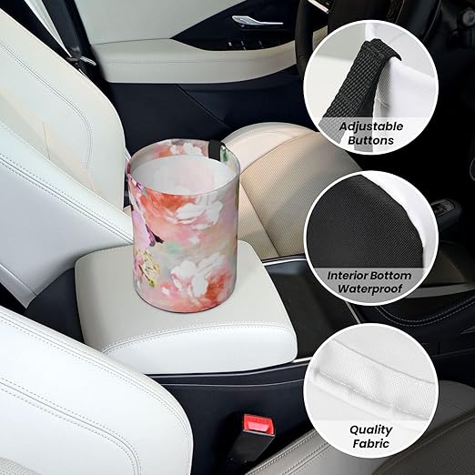 Watercolor Pink Flowers Pattern Car Trash Can Leak Proof Hanging Waterproof Garbage Can Multipurpose Trash Bin for Car SUV Front Seat Headrest Collapsible and Portable Storage Pocket