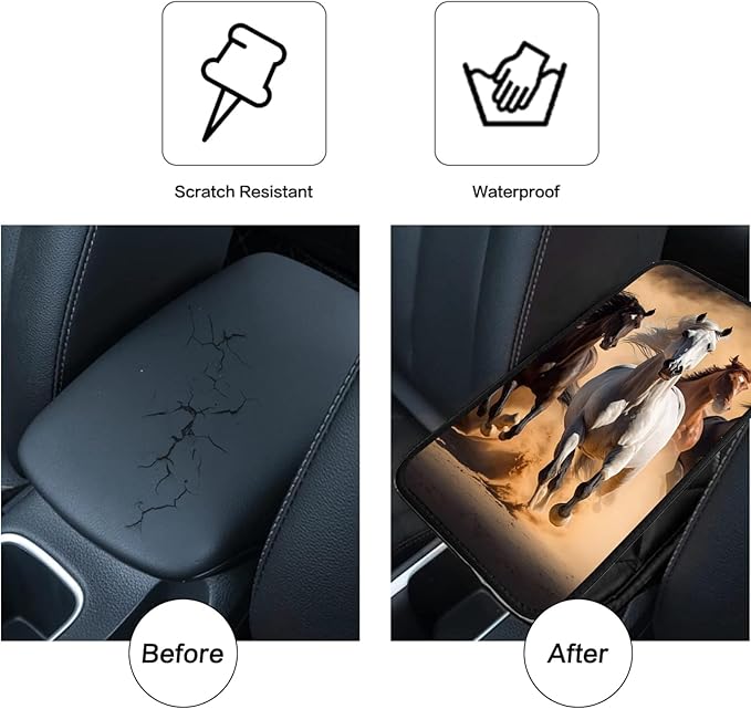 JANENFNA Car Armrest Cover Pads Universal Fashion Cute Auto Center Console Armrest Cover Pad with 2PCS Car Coasters Soft Waterproof Car Armrest Seat Protector for Women,Horses