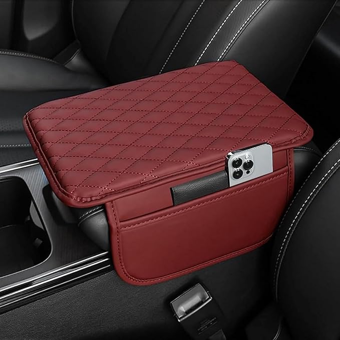 Car Armrest Cushion for BMW iX X1 X2 X3 X4 2004-2025, Center Console Covers Pad Leather Accessories, Arm Rest Protector Mat with Side Storage Bag for SUV/Sedan/Truck, D/Red