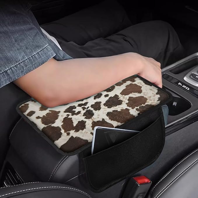 Boatee Cow Print Auto Center Console Cover Armrest Pad for Car Console Mat Universal Arm Rest Organizer for Vehicle Interior Protector Automotive Accessories Stylish Armrest Storage Box Mat Brown
