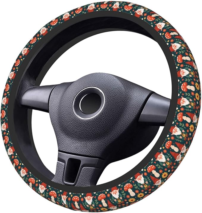 Neoprene Steering Wheel Cover Gnomes Flowers Pattern Car Steering Wheel Cover Universal Fit for Most Cars