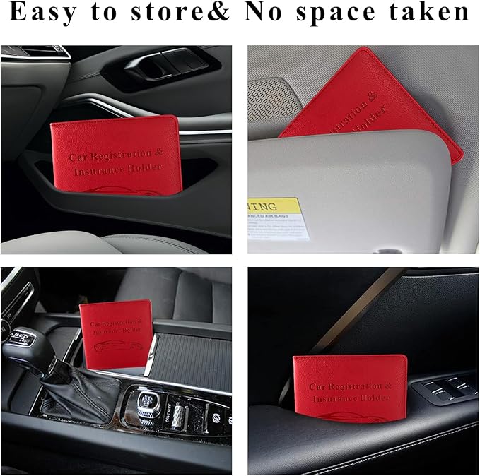 Car Registration and Insurance Holder, 5.51" × 5.11" Premium Leather Vehicle Glove Box Organizer with Magnetic Closure, Auto Document Holder for Cards Paperwork and Drive License (Red-B)