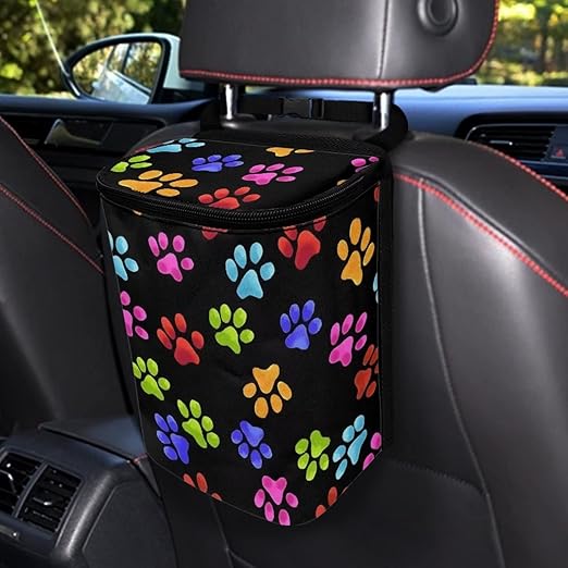 Rainbow Dog Paw Print Car Trash Can Automotive Car Trash Bag with Lid Collapsible Waterproof Car Organizers and Storage Car Accessories for Women