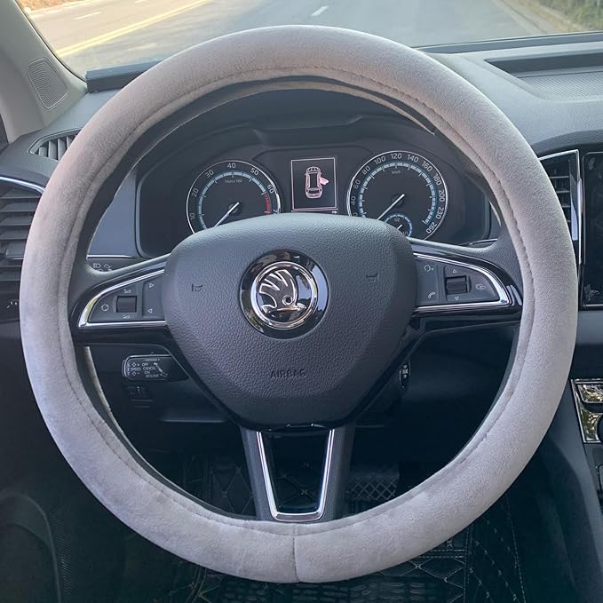 Fluffy Steering Wheel Cover, Short Plush Auto Accessories for Men and Women with Inner Ring Universal 15 Inch (Grey)