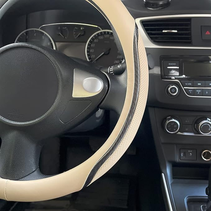 Muamos Car Steering Wheel Cover Beige, 14.5-15 inch Steering Wheel Covers with Coasters Microfiber Leather Carbon Fiber Breathable Anti-Slip Durable Universal Auto Steering Wheel Protective