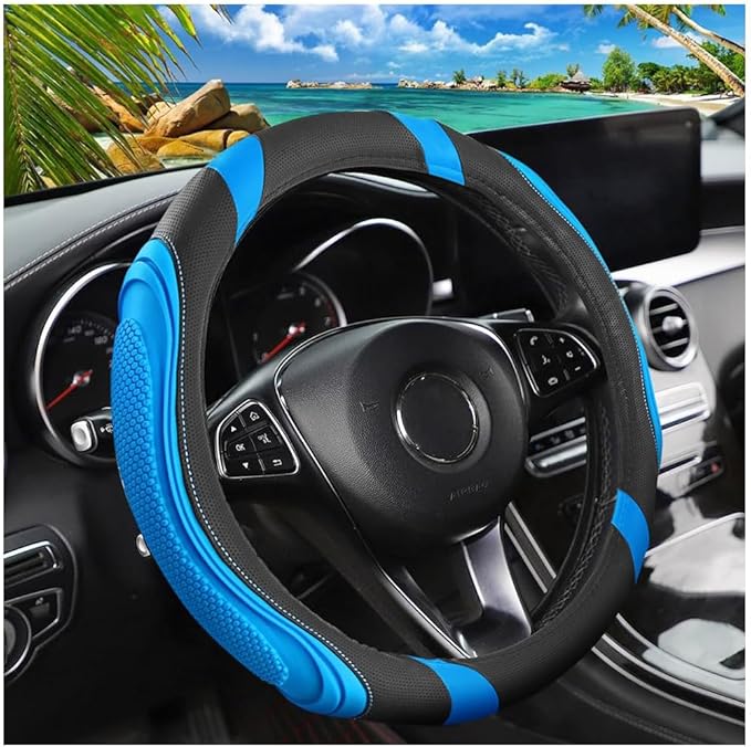 15 Inch Car Leather Steering Wheel Cover, Automotive Accessories Elastic Breathable Anti-Slip Soft Wheel Protector Fits Men and Women, Suitable for SUVs, Trucks, Vehicles and RVs (Light Blue)