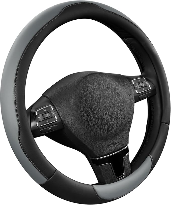 Road Comforts Steering Wheel Cover, Breathable Anti-Slip Leather Steering Wheel Cover, Universal Fit 14.5–15 Inch, Comfortable Grip - Gray Color