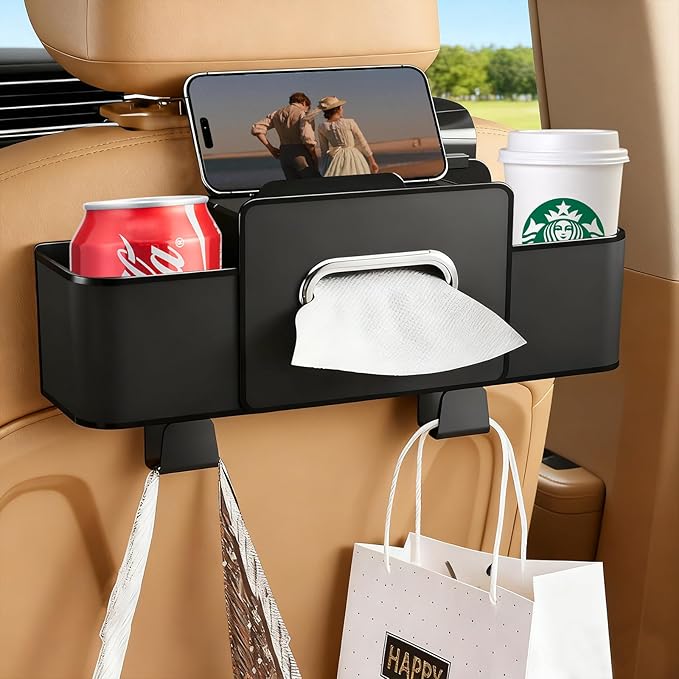 SADIFOKPLY 4-in-1 Back Seat Car Organizer, Upgraded Multifunctional Car Storage Box, Hanging Back Seat Storage Organizer, Partition Design, with Phone Holder, Tissue Box, 2 Cup Holders, 2 Hooks