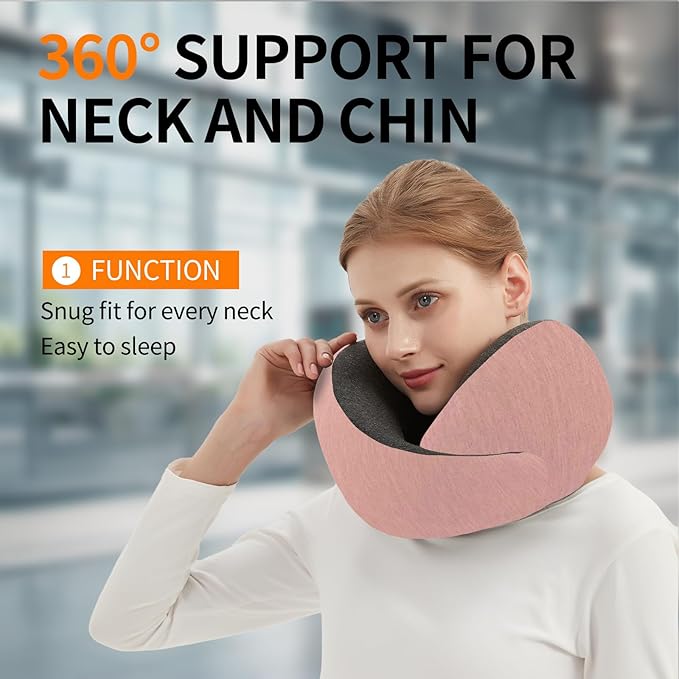 Ziixmile Travel Neck Pillow for Airplane – Memory Foam 360° Support Compact Design Ergonomic Flight Pillow for Sleeping & Neck Support Portable Travel Pillows for Adults, Car, Office Home (Pink)