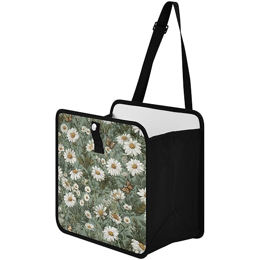 Car Trash Can Organizer Bin with Adjustable Strap for Back Front Seat Console Waterproof Leakproof Collapsible Portable 8.66 Inch Summer Daisy Butterfly Green