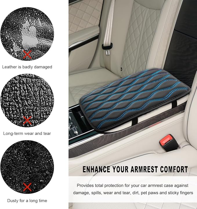 Car Center Console Pad, Waterproof Leather Armrest Seat Box Cover Protector, Non-Slip Middle Console Cushion Pad Interior Decor Fits Most Vehicles, Car Accessories (Black & Blue)