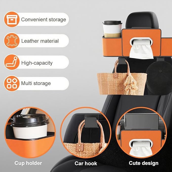 Silksild Car Organizers and Storage Back Seat, Multifunctional Car Organizer Box with Tissue & Cup Holders for Suv Sedan, Backseat Headrest Storage Box, Hanging Cars Caddy for Behind Seat (Orange)