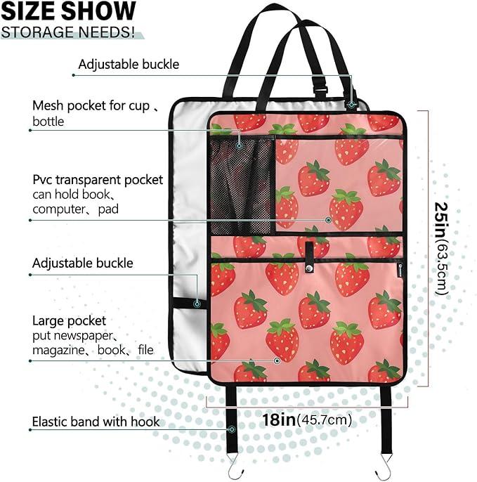 JIPONI Car Backseat Organizer, Strawberrys Pink Automotive Back Seat Protector, Kick Mats with Storage Pockets for Kids Pets, Road Trip Accessories
