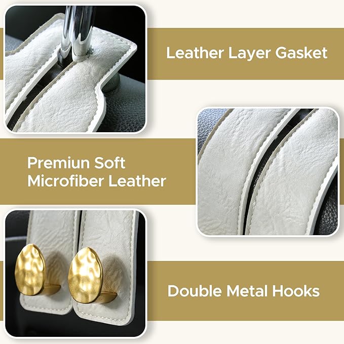 URIZZD 2PCS Leather Car Seat Hooks for Headrest, Vehicle Hanger Storage Organizer Universal for Handbag Purse, Car Accessories Gift (White-Gold)