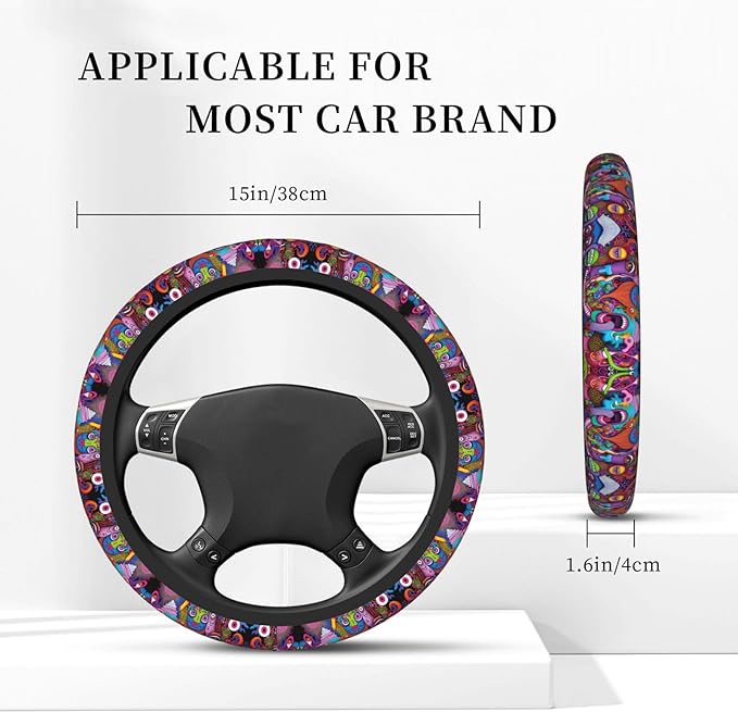 Visages Psychedelic Horror Monster Universal Fit Steering Wheel Cover for Car, Truck, and SUV, Durable Steering Wheel Protection