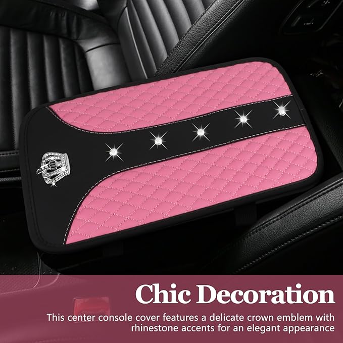 Bling Crown Car Center Console Cover, 12.7"×7.7" Armrest Cover for Cars, Waterproof Leather Arm Rest Box Pad Cushion, Universal Middle Console Cover Protector, Car Accessories (Pink)