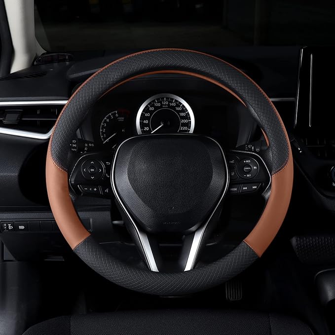 Auto Car Genuine Leather Steering Wheel Cover Anti Slip Wrap 15" (Brown)