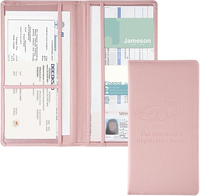 JUSTTOP 1Pack Car Registration and Insurance Holder,Car Document Holder for Cards License with Magnetic Shut,Vehicle Glove Box Car Organizer for Documents, Cards, License(Embossed leather Pink)