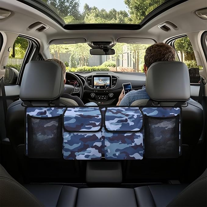Camo Car Trunk Organizer, Super Capacity Backseat Trunk Organizer with 4 Pockets, Backseat Hanging Car Storage Organizer Foldable Cargo Storage with Adjustable Straps for SUV, Truck, MPV