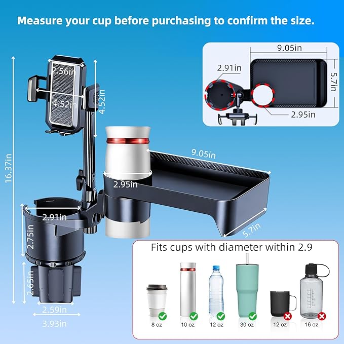 Car Cup Holder Tray, 4 in 1 Drink Holder Expander with Expandable Food Tray Table, for Road Trip Essentials & Daily Commute (Tray(9.05" * 5.7"))