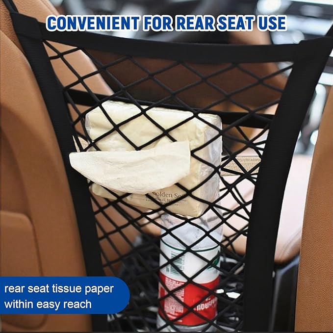 3-Layer Car Mesh Organizer,Seat Back Net Bag Organizer,Stretchable Pet Barrier Dog Car Net Barrier&Storage Bag of Backseat Pet Kids,Cargo Tissue Handbag Purse Holder,Driver Storage Netting Pouch
