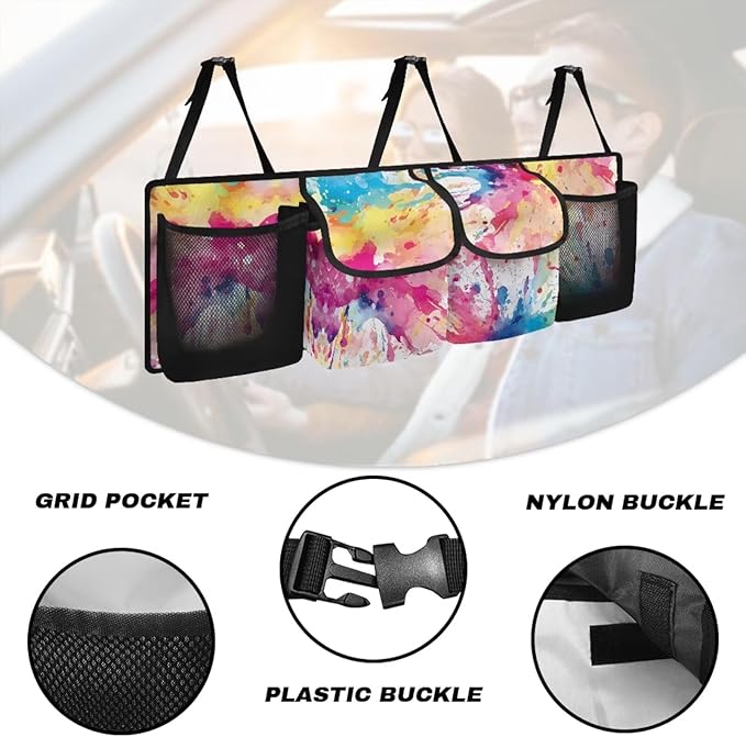 Hanging Trunk Organizer for Car Women Oxford Cloth Car Organization Accessories with 4 Pocekt Reusable Car Back Seat Organizer for SUV/MPV/Truck, Machine Washable, Splash Ink