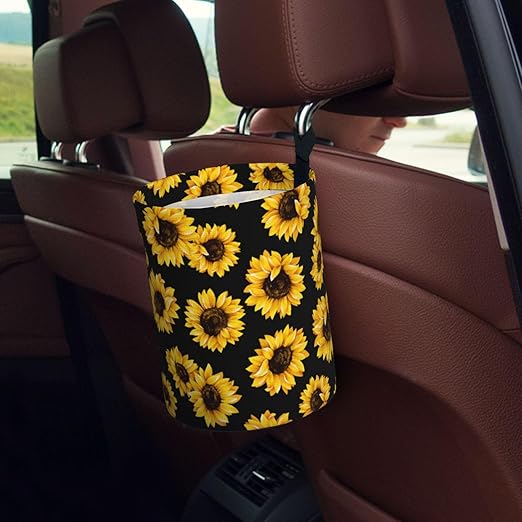 KXWQTRDD Car Garbage Bag Abstract Yellow Sunflower Mini Car Trash Bin Portable Collapsible Waterproof Rubbish Bag for Car Accessories Back Front Seat Cup Holder