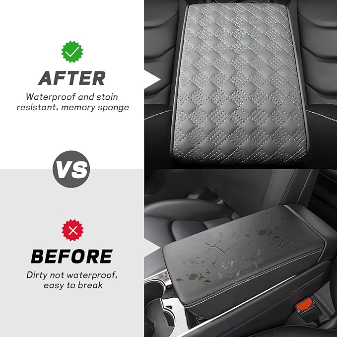Hbxdeco Car Armrest Cushion, 12.2"×8.3" Leather Auto Memory Foam Center Console Pad with Storage Pocket, Waterproof & Anti-Scratch Elbow Pillow Armrest Seat Box Protector, Universal Fit (Gray)