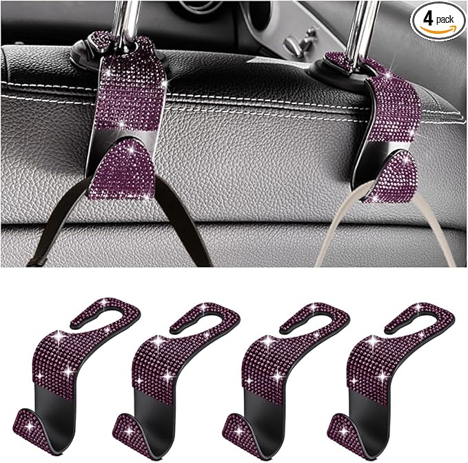 Bling Car Seat Headrest Hooks, 4PCS Crystal Rhinestone Vehicle Back Seat Hanger Holder for Handbags Purses Coats, Automotive Headrest Storage Organizer, Universal for RV SUV Truck (Purple)