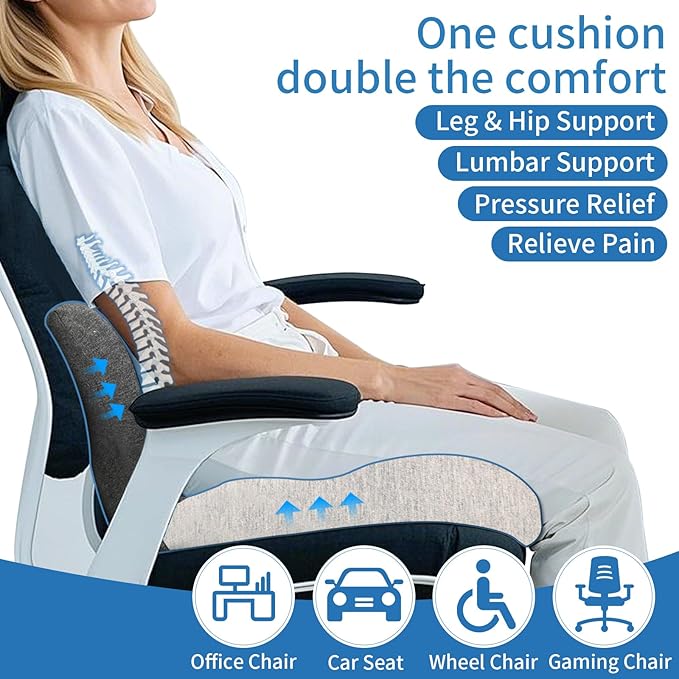 XZdream Memory Foam Seat Cushion,Office Chair Cushion with Lumbar Support for Back Pressure Relief, Car Seat Cushion with Adjustable Strap,Sciatica Pad Cushions for Car,Truck, Desk,Gaming Chair