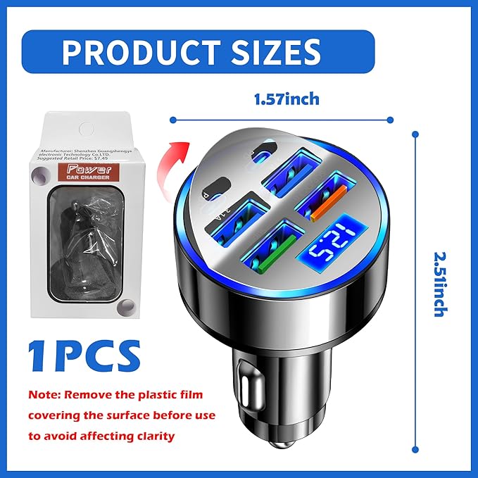 6 Port Fast USB Car Charger (PD+QC3.0),Cigarette Lighter USB Charger with LED Digital Display,Universal Car Charger Adapter Car Accessories Interior for Most 12V/24V Vehicles