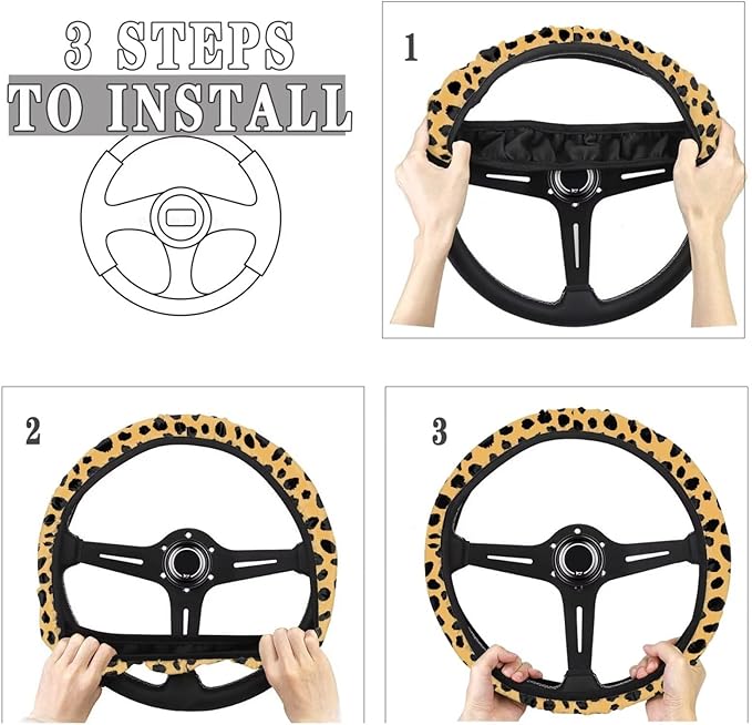 Universal Non-Slip Steering Wheel Cover, 15-inch Polyester Material Driving Accessories, Adjustable for Car and Truck(Classic Amber Leopard)