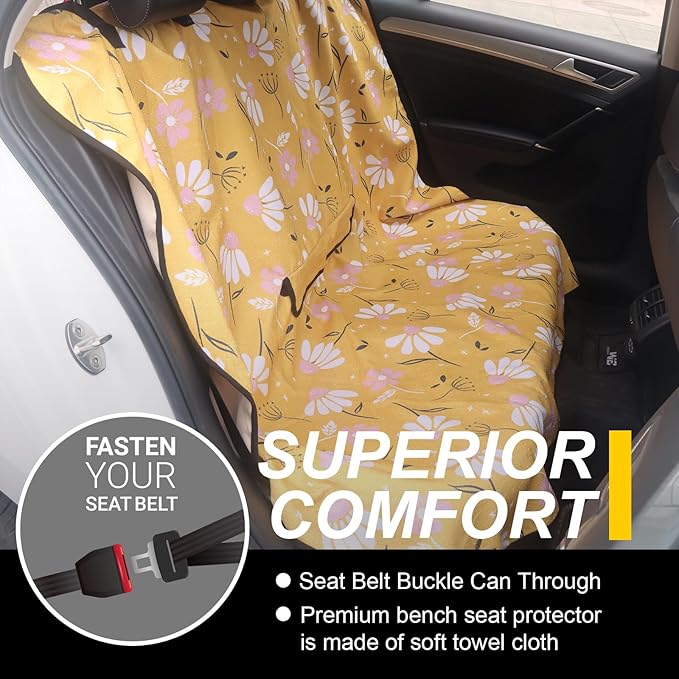 LoyaGour Back Seat Cover for Car Trucks Van SUV,Waterproof Rear Bench Towel Seat Covers for Dogs and Kids,Automotive Backseat Protector (Chamomile and Yellow)