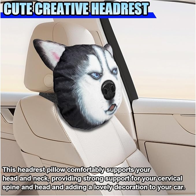 Cute Husky Dog Car Headrest Pillow- Memory Foam Car Neck Pillow Auto Seat Cushion of Headrests for Pain Pressure Relief- Cartoon Neck Support Cushion with Adjustable Strap for Most Cars (Husky)