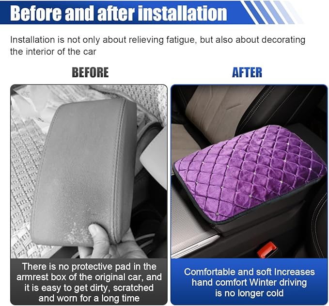 Plush Car Center Console Pad, Bling Diamond Car Armrest Cover, Soft Seat Box Cover Protector, Universal Car Interior Decoration Accessories Fit Most Vehicle, SUV, Truck, Car (Purple)