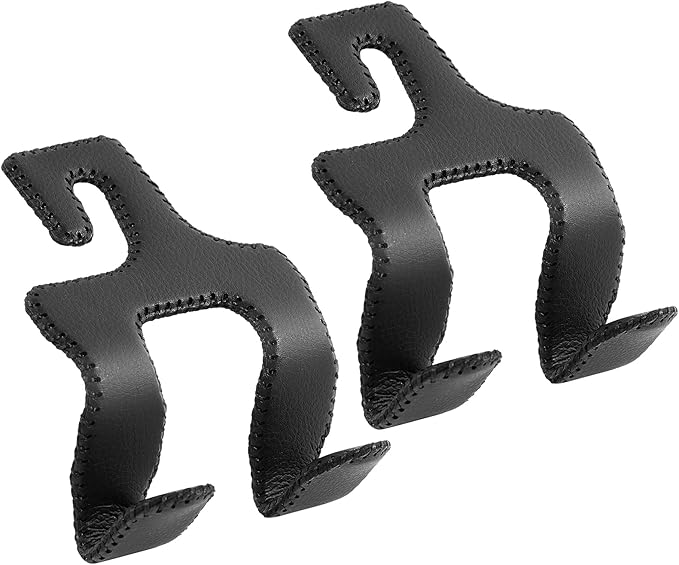 TISOHUGO Upgraded Headrest Hooks for Purses and Bags, 2 in 1 Car Back Seat Head Rest Hanger Matching Cars Interior Genuine Leather Vehicle Storage Holder Hook, 2 Pack, Black