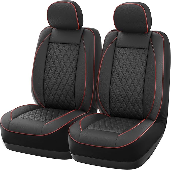 GIANT PANDA 2PCS Front Seat Covers for Hyundai, Piping Leather Durable Waterproof Seat Cover to Fit Sonata Elantra Santa Fe Tucson Accent Kona Palisade Genesis, Airbag Compatible (Black+Red)