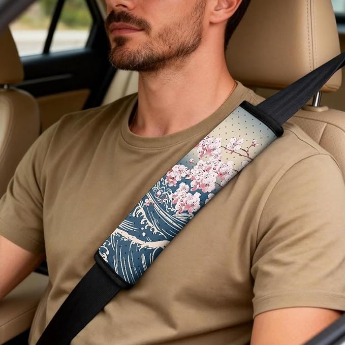 Oramclsy Cherry Blossom Car Seat Covers Set with PU Breathable Armrest Pad Seatbelt Pad 5 Pack Car Accessories Interior Decor Universal Size