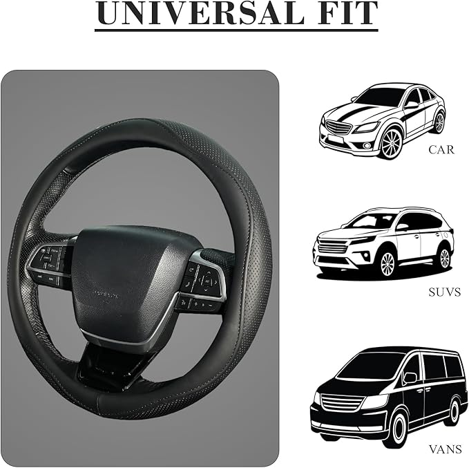 KAFEEK Steering Wheel Cover, Universal 15 inch, Microfiber Leather, Anti-Slip, Odorless, Black Lines