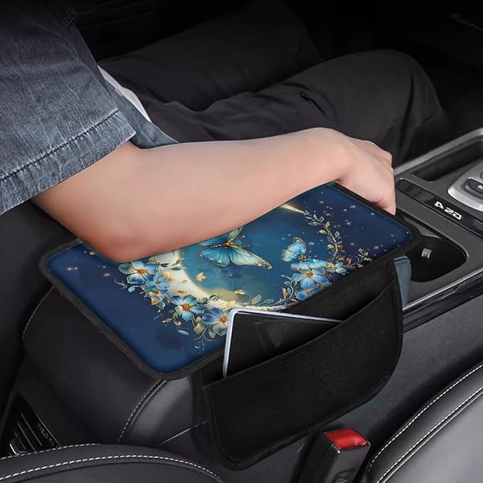 Dreaweet Car Center Console Cover with Pockets Moon Butterfly Car Accessories Arm Rest Cover for SUV Truck Van,Universal Car Armrest Storage Box for Most Vehicles