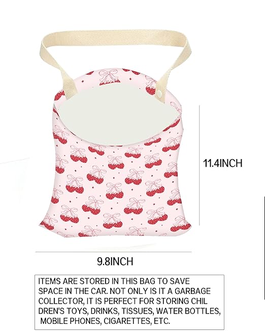 ANKVRP Car Trash Can, Durable Hanging Car Trash Garbage Bag, Cute Automotive Garbage Cans Organizer, Cute Pink Strawberry Bow